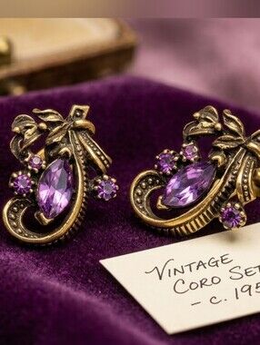 Vintage Coro Purple Rhinestone Screw Back Earrings Mid Century Gold Tone